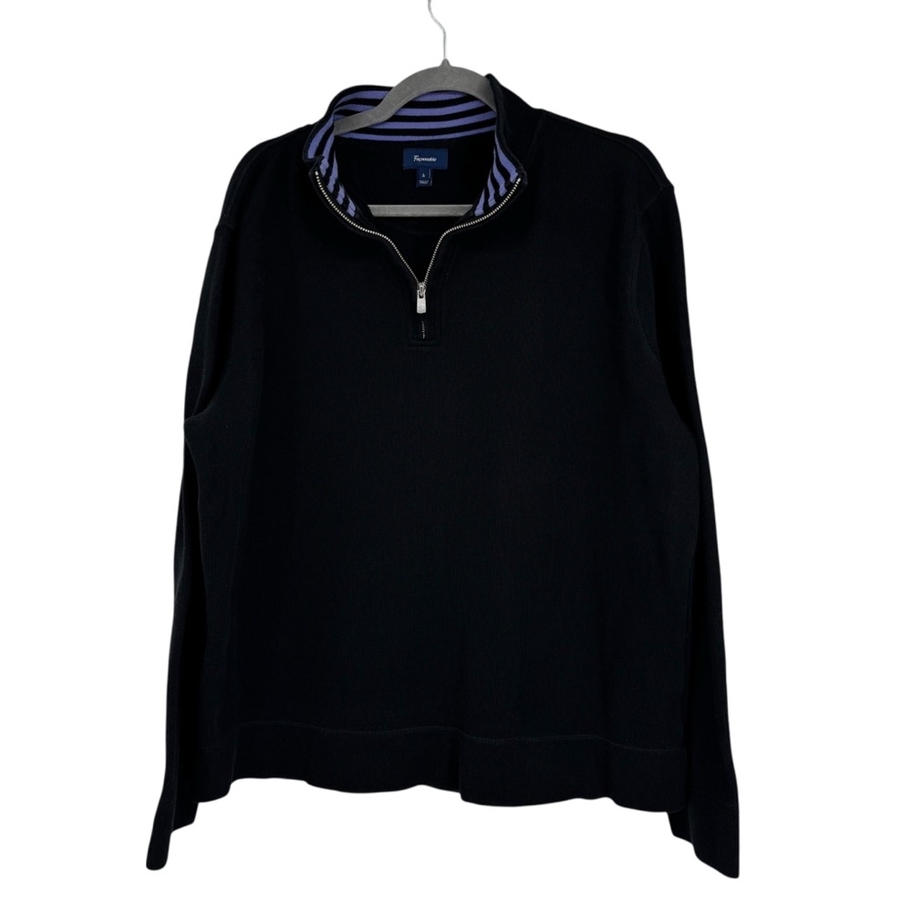 Men’s Façonnable Size Large Black Cotton Henley Sweater w Lavender Stripes